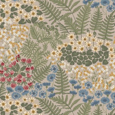 Blå blom beige gardintyg från Arvidssons Textil med detaljrikt blomstermönster, ormbunkar och blad i blått, grönt, rosa och gult.