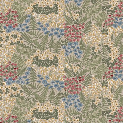 Mönsteröversikt av Blå blom beige gardintyg med blommor, ormbunkar och gröna blad mot en varm beige botten.