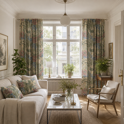 Blå blom beige gardiner från Arvidssons Textil i ett ljust vardagsrum, med botaniskt blomstermönster i blått, grönt, rosa och gult.
