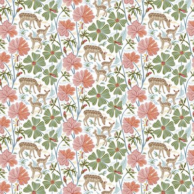 Mönsterrapport för På fri fot rosa gardintyg med rådjur, rosa blad, gröna blommor och blå kvistar.