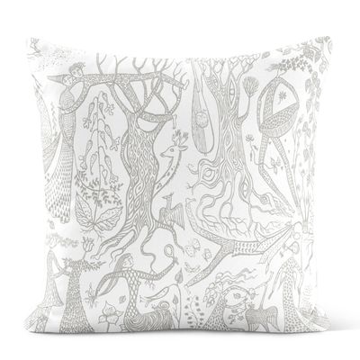 Poème d’amour silver kuddfodral 47x47 cm i lin med Stig Lindbergs detaljrika mönster i silver metallic på vit botten.