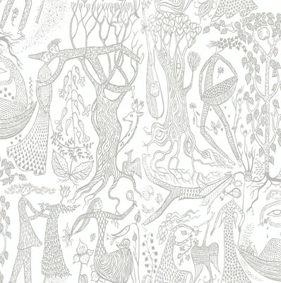 Poème d’amour silver tyg av Stig Lindberg med detaljrikt motiv av människor, djur och natur i metallic-tryck i silver på vit botten.