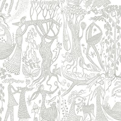 Poème d’amour silver tyg av Stig Lindberg med detaljrikt motiv av människor, djur och natur i metallic-tryck i silver på vit botten.