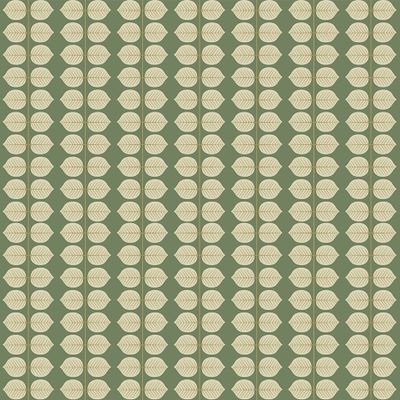 Berså grön-beige gardintyg av Stig Lindberg med beige blad i lodräta rader mot en dämpad grön botten.