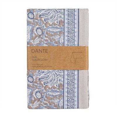 Blå bordsduk Dante i 100 procent bomull med mönster och dekorativa bårder