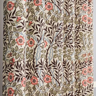 Detalj av gardintyg med blommor och blad i bruna och gröna toner