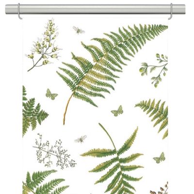 Stensöta panelgardiner, fint mönster med vit botten och stora gröna växter och blad.
