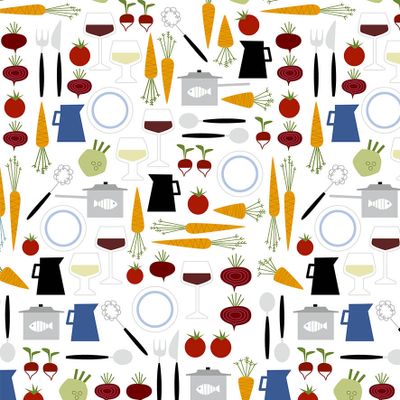 Färgglad vaxduk med grönsaker och kastruller, designat av Nancy Bladfält.