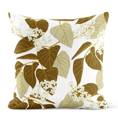Grönt kuddfodral Vid fikabordet med blomstermönster av ljusa frökapslar och gröna blad på ljus botten