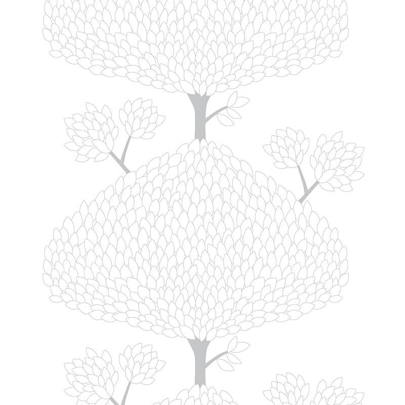 Tusenblad vit-grå - tyg på metervara med vit botten i bomull med ett grått träd på mitten från Arvidssons textil.