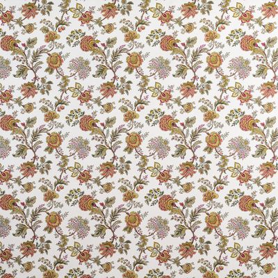 Upprepat blommönster i vinrött och ockra på vitt tyg