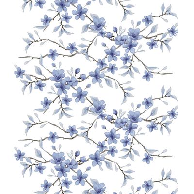 Vaxduk med vit botten med en blomstrande gren som sträcker sig rakt över tyget, designat av Björk-Forth.