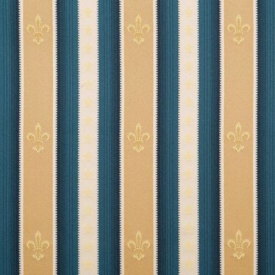Blå- och beigefärgat randigt jacquardtyg med gyllene fleur-de-lys-motiv för möbelklädsel och klassisk inredning.