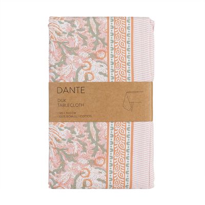 Rosa bordsduk Dante i 100 procent bomull med mönster och dekorativa bårder