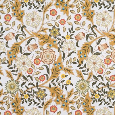 Blommigt tyg med ockragula blad och färgade blommor på ljus bakgrund