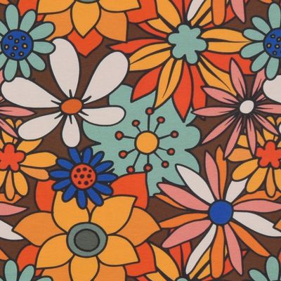 Coolt brunt trikåtyg med färgglada retro blommor.