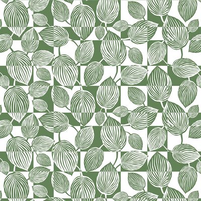 Lyckliga rut grön - tyg på metervara med vit botten i bomull med gröna rutor och blad från Arvidssons textil.