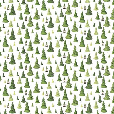 Ljust juligt tyg från Arvidssons Textil med skogsgranar och små tomtar