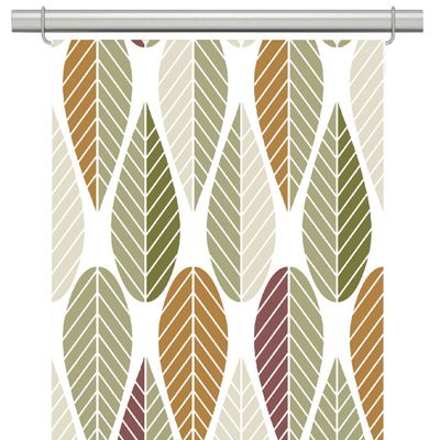 Panelgardiner med retro bladmönster i grönt, beige, rost och vinrött på offwhite botten.