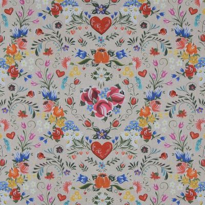Bomullstyg med kurbitsinspirerade blommor och hjärtan i livfulla färger, handmålad stil, bredd 140 cm och vikt 205g/m²