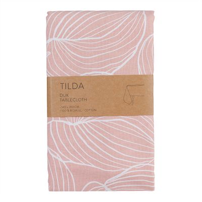 Tilda rosa bordsduk i 100 % bomull med vitt grafiskt mönster, vikt produktbild
