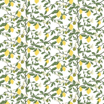 Citronträd gul tyg visat över hela tygets bredd med citroner, blad och blommande grenar.