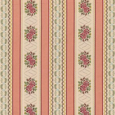 Närbild av Bianca rosa randigt gobelängtyg med blomsterbuketter och klassiska ornament