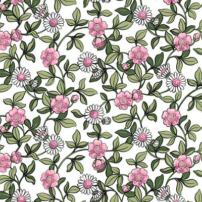 Prästkrage rosa tyg -Små mönstrat tyg metervara med söta rosa och vita blommor, Arvidssons textil, design MiaLotta Arvidsson- Mars