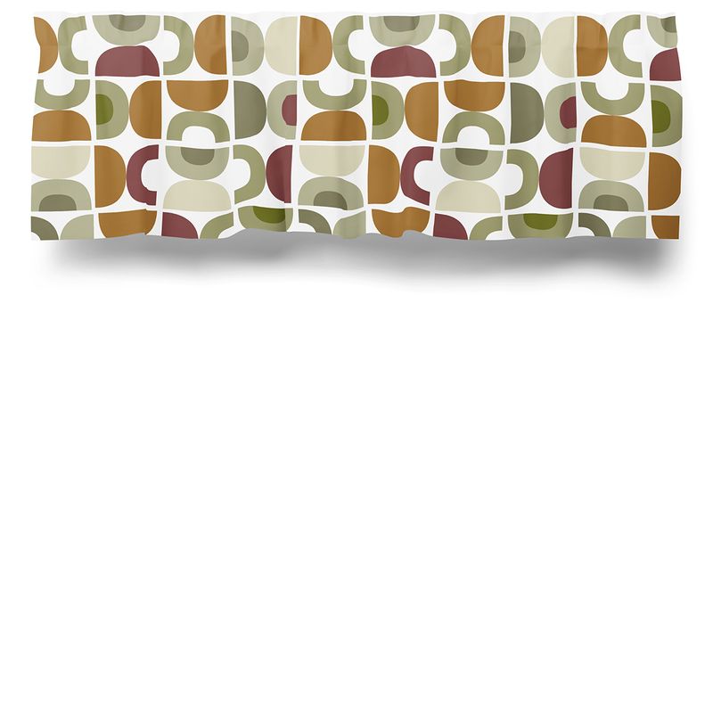 Abstrakt gardinkappa på metervara med beige, grönt och rost mönster.