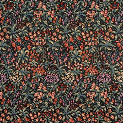 Svart gobeläng med tätt blomster­mönster i rött, rosa och grönt, vävd struktur