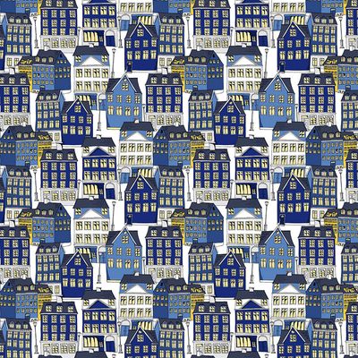 Gardin i tyget Gamlastan blå. Underbart mönster med byggnader och hus - Rosahuset.com
