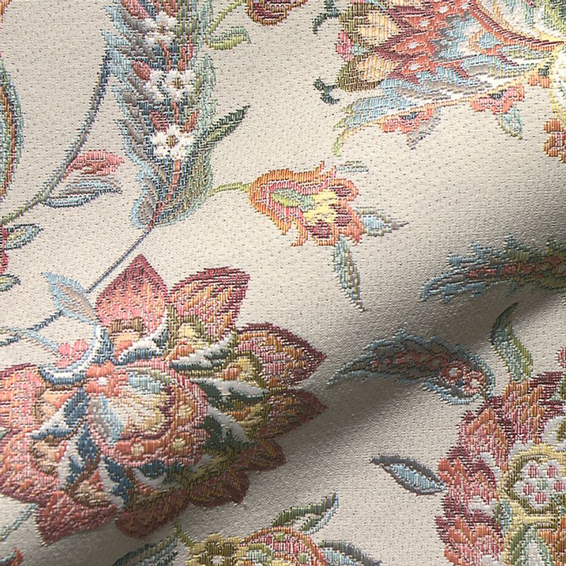 Multifärgat gobelängtyg med blommor i kurbitsmönster på beige botten, idealiskt för att addera en folkkonst och färgrik touch till möbler och textilier.