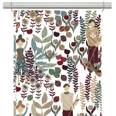 Trädgård vinröd-turkos panelgardiner med mönster av trädgård, trädgårdsmästare, kvistar, blommor o blad,