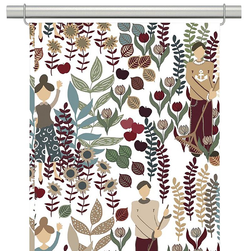 Trädgård vinröd-turkos panelgardiner med mönster av trädgård, trädgårdsmästare, kvistar, blommor o blad,
