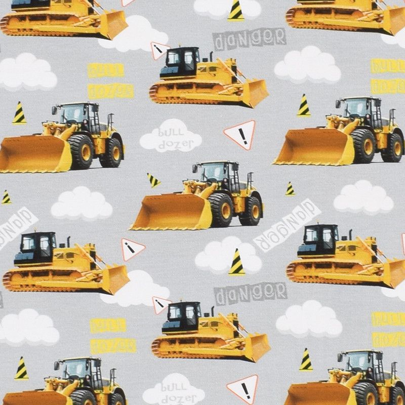 Bulldozer - Digitaltryckt tyg med ekologisk bomull trikå med lastmaskiner,arbetsmaskiner GOTS certifierad textil.