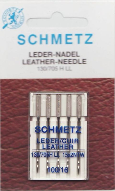 Schmetz Läder symaskinsnålar som är lämpliga för fuskskinn, galon och skinn.