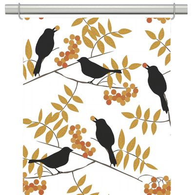 Trast i hast vit-gul panelgardiner tyg med mönster av fåglar, kvistar, blad, bär