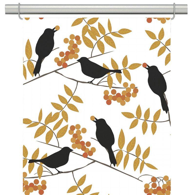Trast i hast vit-gul panelgardiner tyg med mönster av fåglar, kvistar, blad, bär