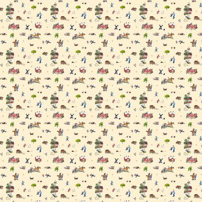 Upphängt tygstycke av Emil i Katthult beige, med färgstarka illustrationer från Astrid Lindgrens berättelser