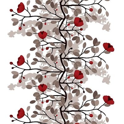 Ofelia vinröd metervara - tyg arvidssons textil med vit botten och blom mönster i mitten i rött och beige.