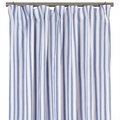 Närbild på Madicken gardin med blå och vita ränder upphängd på gardinstång