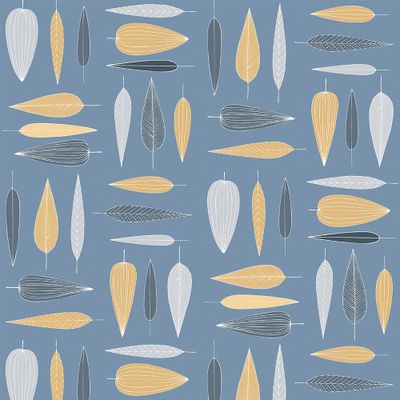 Mönstrat bomullstyg Under trädet blå med blad i blå, gula och ljusa nyanser