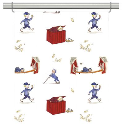 Panelgardiner med Emils upptåg, där Emil i Lönneberga syns i snickarboden och mitt i sina klassiska hyss.