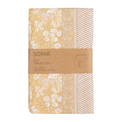 Gul bordsduk Sonia i 100 procent bomull med blommönster och dekorativ bård