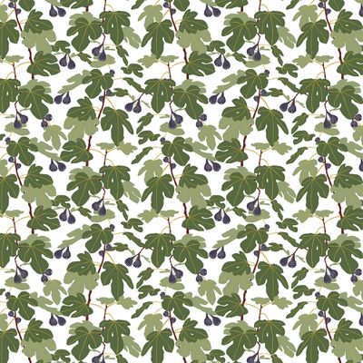 Fikonträd grön tyg som visar hela tygets bredd med återkommande fikonmönster