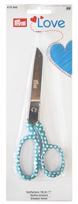 Textilsax prym love som är 18cm saxen har ett fint handtag i turkos med vita prickar, prym sybehör