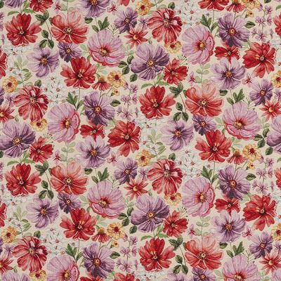 Närbild av Elizabeth gobeläng med romantiskt blommönster i rött, rosa och lila.