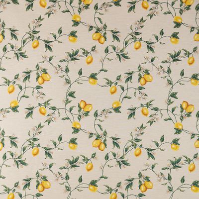 Helbild av Irata gobeläng med upprepande citronmönster i gult och grönt på ljus botten.