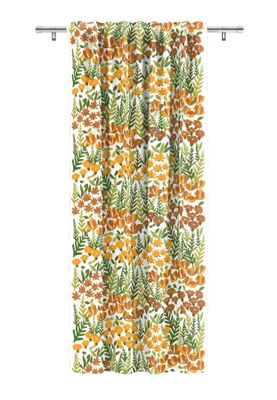 Hängande Täppan gul gardin i sin helhet som visar hela mönstret med blommor och blad.