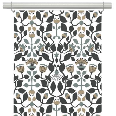 Panelgardiner med retro bladmotiv i blå och beige toner